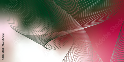 Abstract red, green and white luminous ribbons swirling across a deep dark background with sparkling micro particles, futuristic digital tech atmosphere, vector illustration