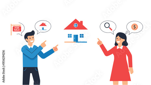 Real Estate Transaction Concept: Man Selling, Woman Buying House