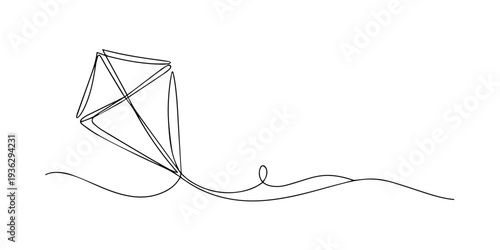 kite continuous one line drawing, Outline kite vector one line continuous drawing background, Kite continuous one line drawing of outline vector illustration, Simple kite one line drawing isolated