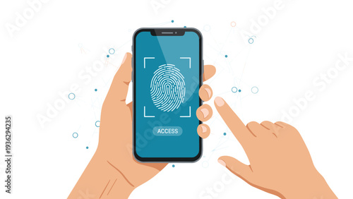 Hands holding a modern smartphone with a fingerprint scanning interface on the screen for secure digital access and authentication.