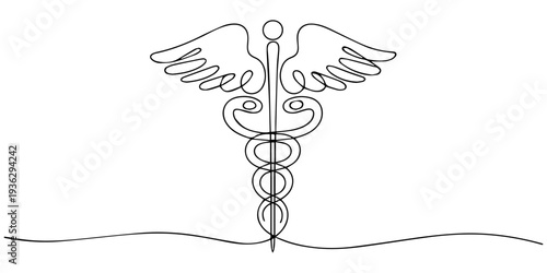 Medical symbol caduceus. Continuous One line drawing, Caduceus one line art drawing minimalist health care symbol continuous outline vector illustration, One Continuous line drawing of Caduceus