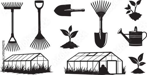 Gardening tools and greenhouse icons in black and white