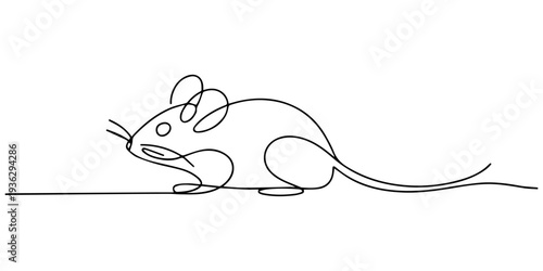 Cute mouse continuous one line drawing. Small rodent animal character minimalist vector illustration, Self drawing one continuous line draw, logo, rat, mouse, One line drawing of or rat animal