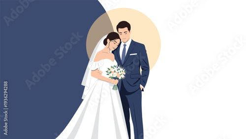 Romantic wedding couple in formal attire embracing gently in front of a large circular moon or sun background symbol.