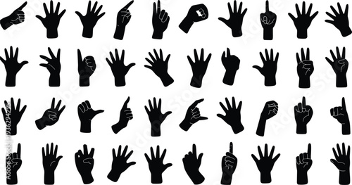 Collection of Black Hand Gestures Silhouettes Showing Numbers and Signals vector