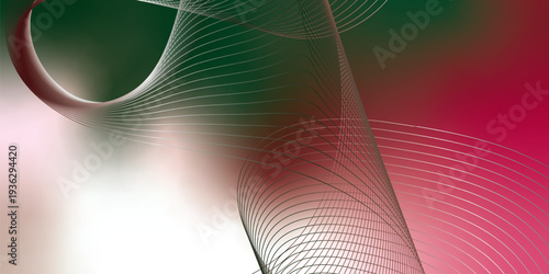 Abstract red, green and white luminous ribbons swirling across a deep dark background with sparkling micro particles, futuristic digital tech atmosphere, vector illustration