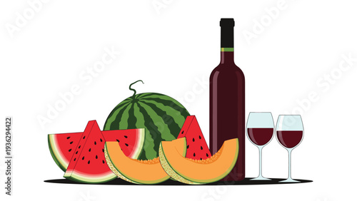 Still life composition featuring a whole watermelon with slices and melon pieces next to a bottle of red wine and glasses.