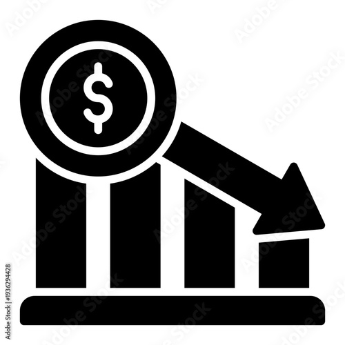 Dollar Decrease Glyph Icon – Rate Cut, Discount and Financial Reduction Concept