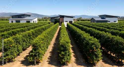 Rows of Green Plants in Agricultural Field with Modern Farm Buildings.