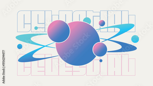 Hologram Bright Pink and Blue Color Planet with Orbit Rings and Floating Orbs, Flat Abstract Style Clipart