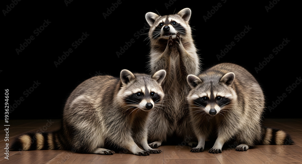 Fototapeta premium A close-up of a cute wild raccoon with a distinctive mask and thick fur standing isolated on a black background