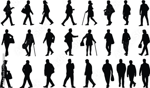 Collection of Black Silhouettes of People Walking with Bags and Canes white