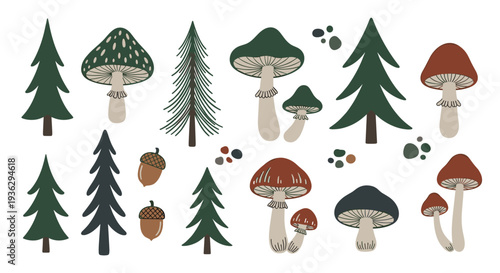 Whimsical forest elements featuring diverse mushrooms evergreen trees and acorns in a charming flat illustration style
