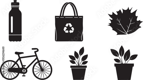 Eco friendly lifestyle icons for sustainable living and environment
