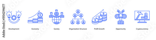 Economic Opportunity web banner  vector illustration featuring Development, Economy, Society, Organization Structure, Profit Growth, Opportunity, and Cryptocurrency.