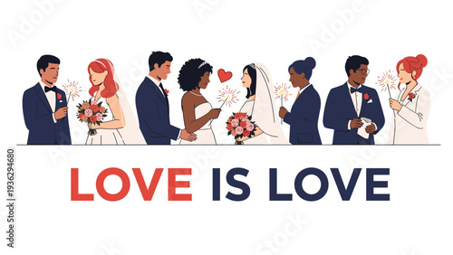 Row of diverse and inclusive wedding couples celebrating their special day with sparklers and the text love is love.