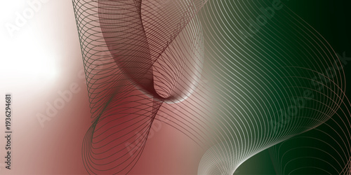 Abstract red, green and white luminous ribbons swirling across a deep dark background with sparkling micro particles, futuristic digital tech atmosphere, vector illustration