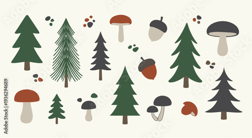 Whimsical forest illustration featuring an assortment of charming evergreen trees and various types of mushrooms and acorns set against a cream background