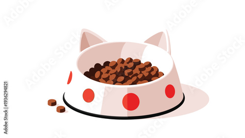 Cute white pet food bowl with red polka dots and cat ear shapes filled with dry brown kibble for a healthy animal diet.