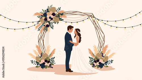 Romantic wedding couple standing together under a geometric wooden floral arch decorated with flowers and pampas grass.