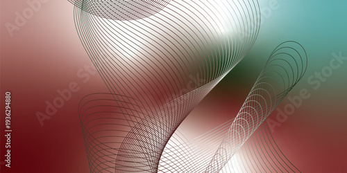 Abstract red, green and white luminous ribbons swirling across a deep dark background with sparkling micro particles, futuristic digital tech atmosphere, vector illustration