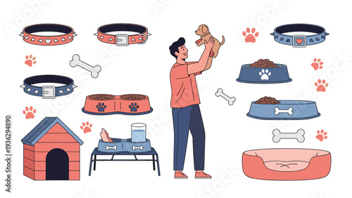 Man celebrates new puppy ownership surrounded by essential pet care supplies like collars, doghouse, bed, and feeding bowls.