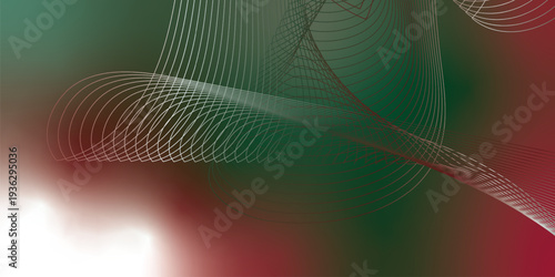 Abstract red, green and white luminous ribbons swirling across a deep dark background with sparkling micro particles, futuristic digital tech atmosphere, vector illustration