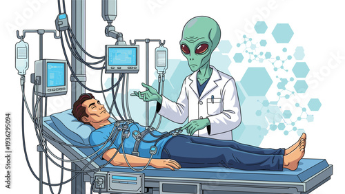 Alien doctor in a white lab coat uses advanced technology to examine a human patient resting on a futuristic medical bed.