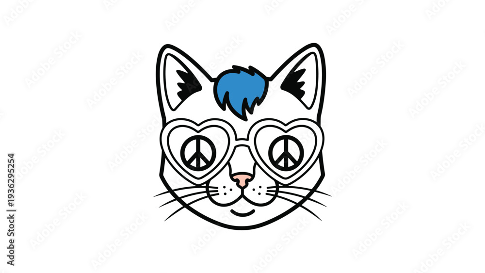 Obraz premium Quirky illustration depicts a white cat wearing heart-shaped sunglasses with peace symbols and sporting a stylish blue hair tuft.