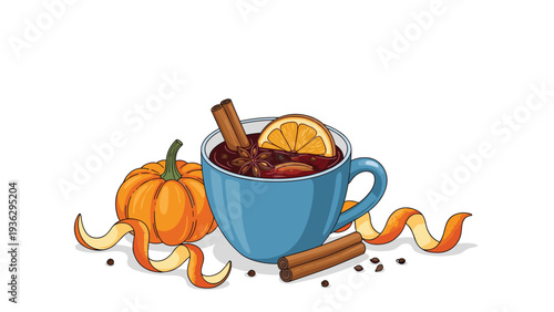 Blue ceramic mug filled with spiced mulled wine sits beside a whole pumpkin and decorative orange peels on a clean white background.