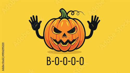 Spooky halloween jack-o-lantern illustration depicts a carved pumpkin with raised hands and the word boo on a bright yellow background.