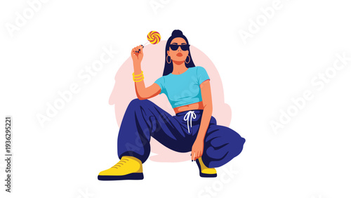 Fashionable woman in a blue crop top and baggy pants crouches confidently while holding a colorful swirl lollipop against a pink circle.