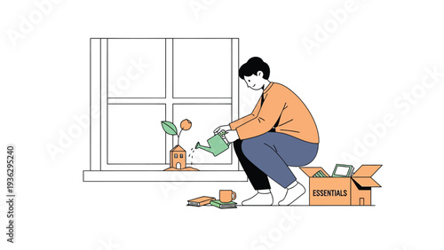 Caring for Home Growth: Person watering a plant in a house-pot by a window, surrounded by 'ESSENTIALS' box.