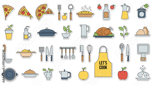 Comprehensive set of kitchen and cooking themed stickers includes illustrations of pizza, pie, turkey, pots, pans, and various utensils.