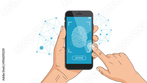 Security-themed illustration shows a hand using a smartphone for fingerprint authentication against a backdrop of complex network nodes.