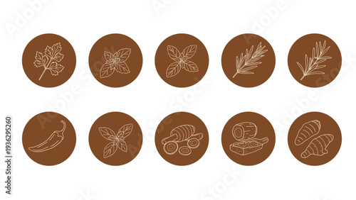 Collection of ten botanical icons depicts various herbs and spices such as basil, rosemary, and chili in white line art on brown circles.