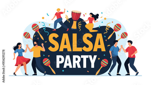 Vibrant promotional poster for a salsa party features several couples dancing alongside festive elements like maracas and a djembe drum.