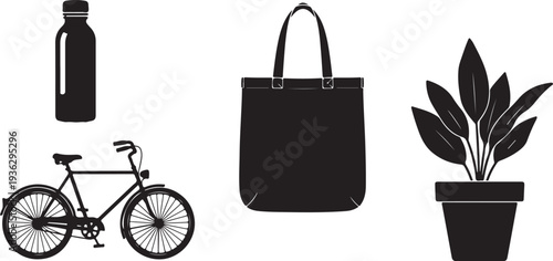 Simple black silhouettes of everyday objects on white background