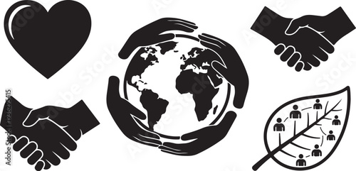 Earth in caring hands with heart and leaf symbols