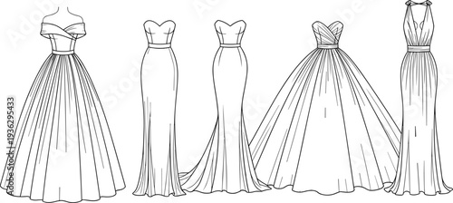 Vector Set of Elegant Evening Gowns and Bridal Dresses Hand Drawn Line Art Illustration for Wedding Fashion Design and Boutique
