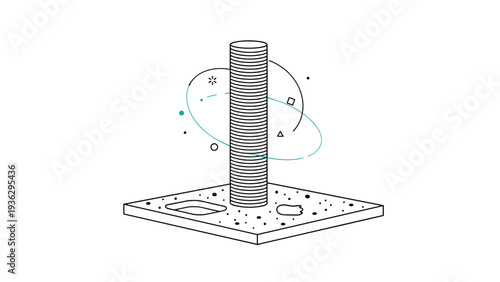 Minimalist line art drawing of a cat scratching post features geometric design elements and a modern aesthetic.