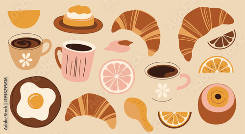 A delightful assortment of breakfast items including croissants coffee cups and citrus slices arranged in a charming flat lay composition