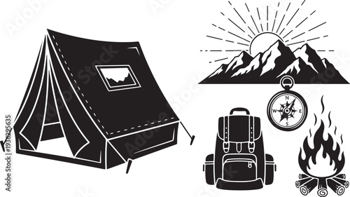 Camping adventure icons with tent and mountain scenery illustration