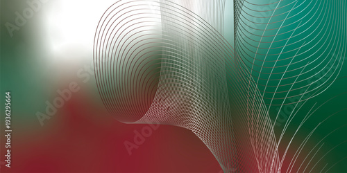 Abstract red, green and white luminous ribbons swirling across a deep dark background with sparkling micro particles, futuristic digital tech atmosphere, vector illustration