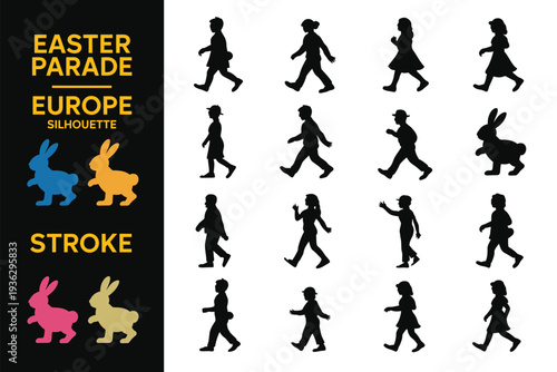 Easter parade colorful silhouettes of people and bunnies in Europe