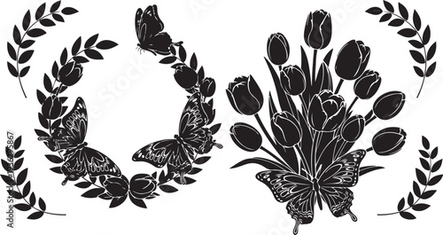 Black and white illustration of tulips and butterflies wreath design