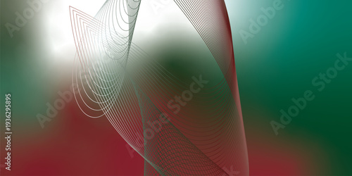 Abstract red, green and white luminous ribbons swirling across a deep dark background with sparkling micro particles, futuristic digital tech atmosphere, vector illustration