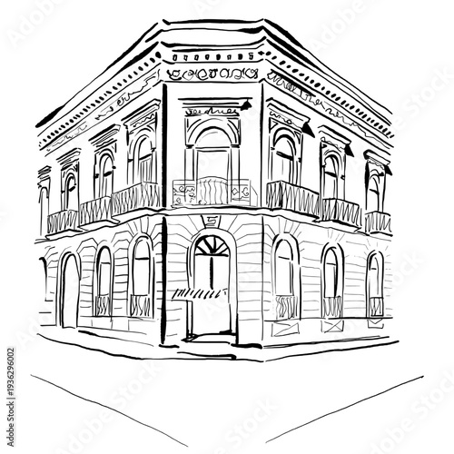 Hand drawn isolated vector illustration of a historical building corner with juliet balconies