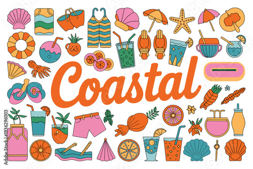 Coastal illustration featuring colorful beach icons and summer objects