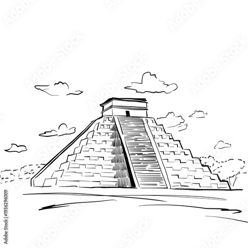 Hand-drawn isolated vector illustration of the ruins of 
Chichén Itzá pyramid in Yucatan, Mexico